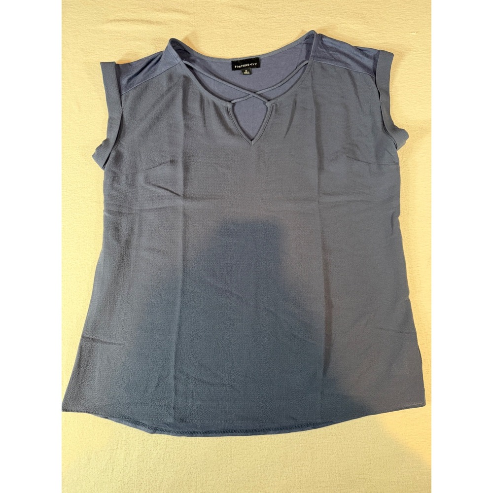 Fortune + Ivy Slate Blue Crisscross V-Neck Mixed Media Blouse Top Medium